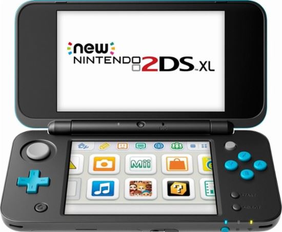 A 2DS XL unfolded and powered on.