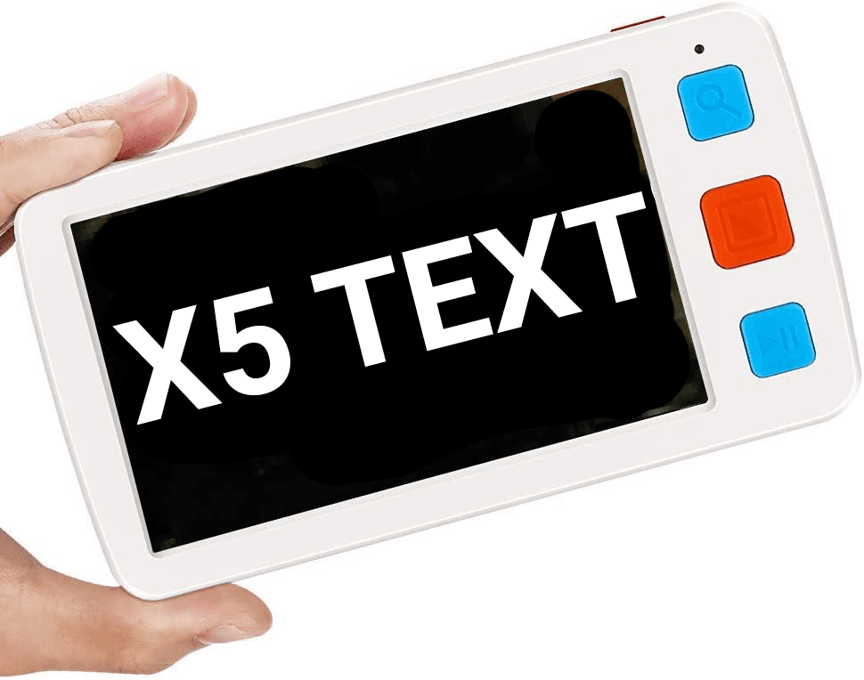 A hand holding a small tablet like device that is enlarging text on screen