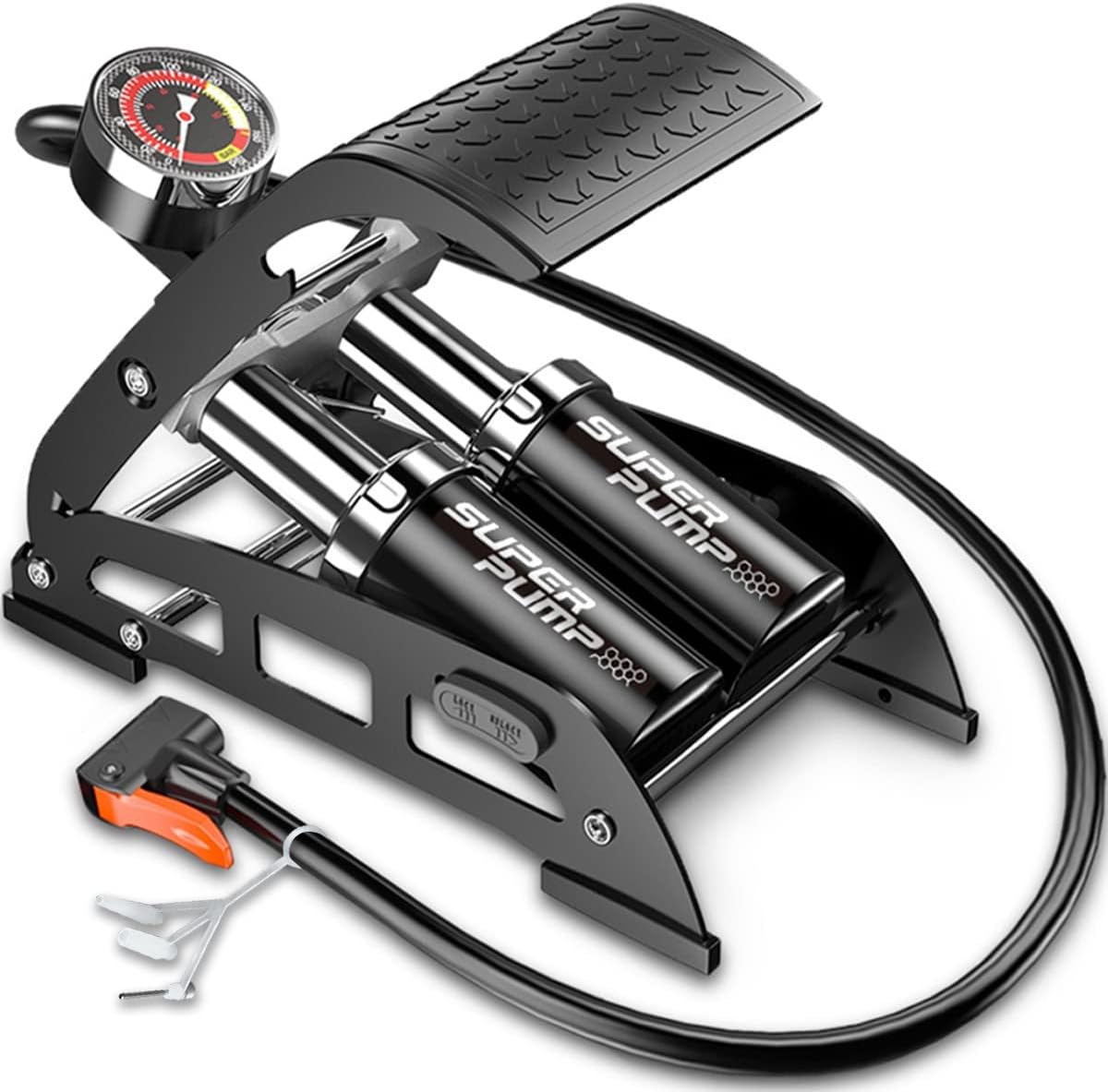 A photo of a hinged metal object. The pump has two air cylinders, a air valve, and an air hose.