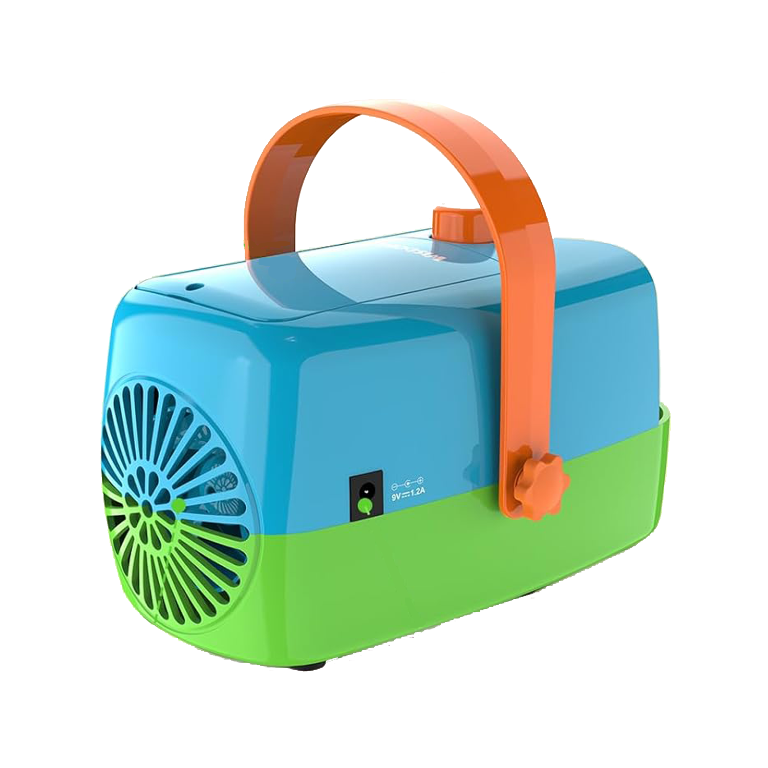 A photo of a plastic container with plastic handle. There is a round, fan like opening on one end.