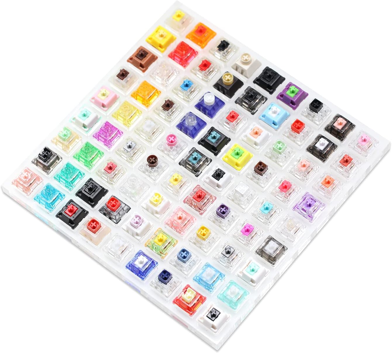 A photo of a grid of keyboard caps arranged in a 9 by 9 grid.