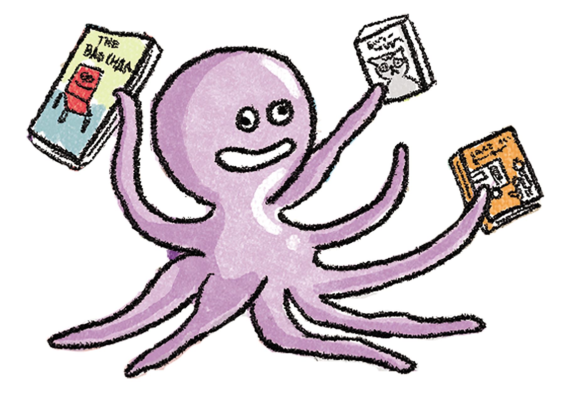 Octopus holding three books.