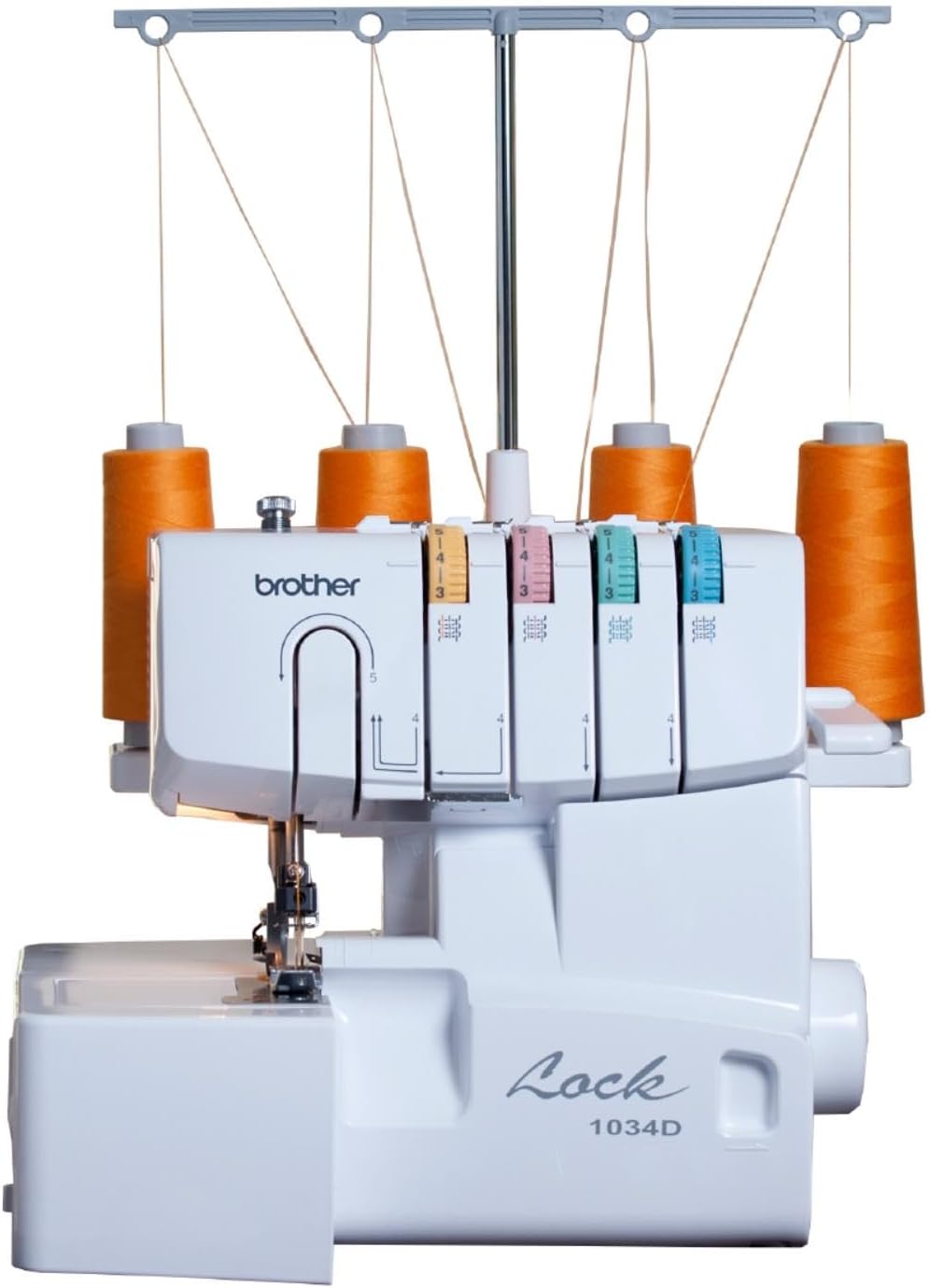 A photo of a plastic and metal machine used in sewing hems. The machine has 4 spools of thread.